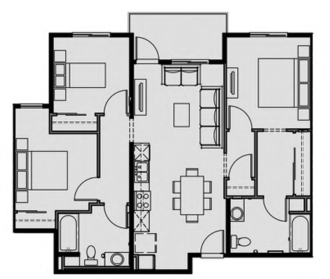 Unit 3.4 3 Bed 2 Bath 1071 sq ft
